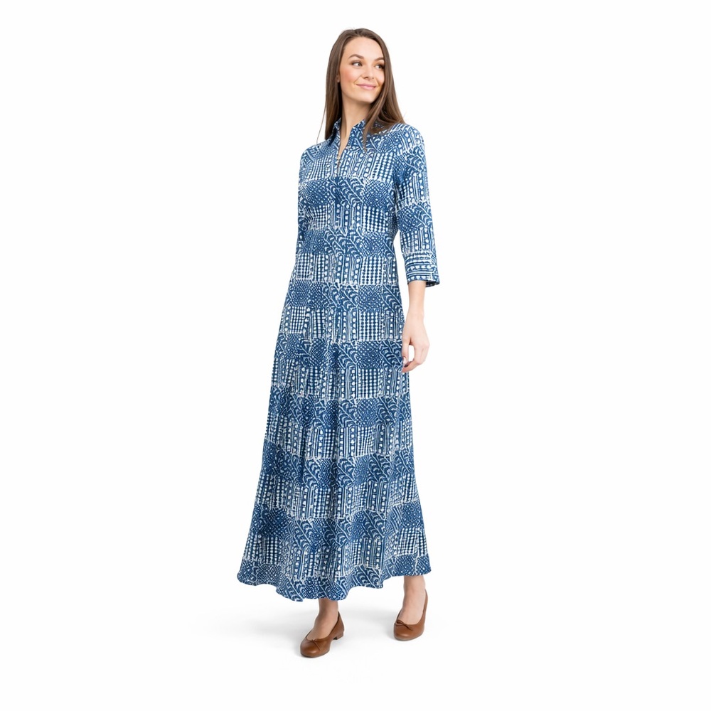 Beau & Ro S alexa dress lake blue small shirt 0362 button up 3/4 sleeve stripe